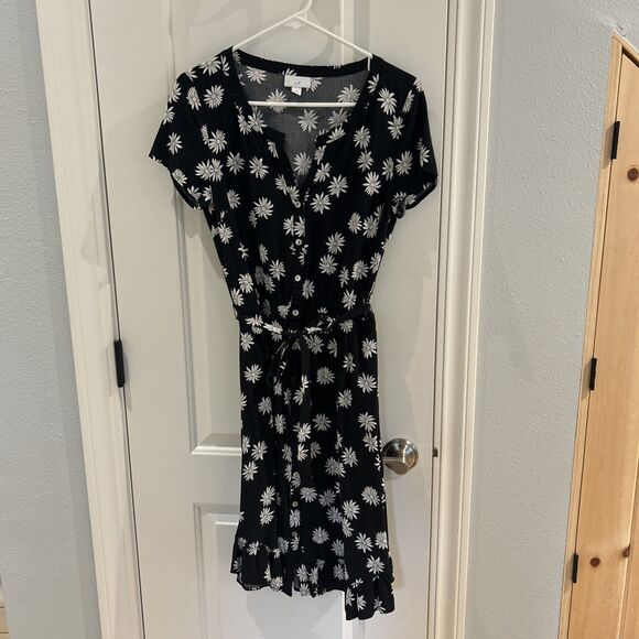 J. Jill Ruffled-Hem Daisy-Print Black White Dress Size XS - Picture 1 of 4